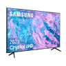 Televisor plano con pantalla de borde delgado, icono del dispositivo Samsung Smart TV Crystal Ultra HD.