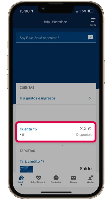 Captura de pantalla de la app de BBVA, destacando la cuenta desde la que se enviará una transferencia