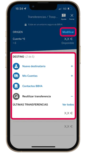 Captura de pantalla de la app de BBVA, con la cuenta desde la que se realizará una transferencia y con las opciones de destinatario resaltadas