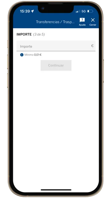 Captura de la pantalla de la app de BBVA, donde se muestra el cuadro de texto para determinar el importe de una transferencia