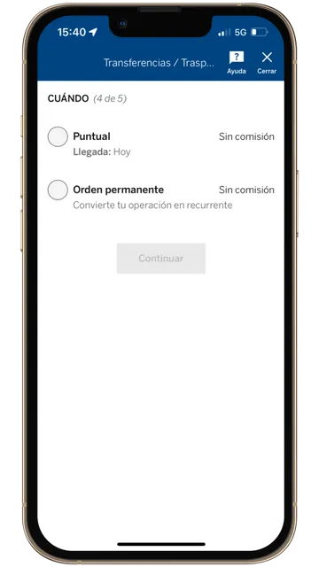 Captura de la pantalla de la app de BBVA, mostrando las opciones de periodicidad de una transferencia