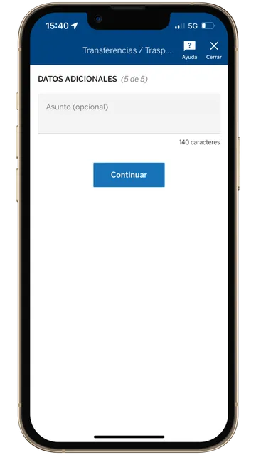 Captura de la pantalla de la app de BBVA, con la opción de añadir un asunto a la transferencia