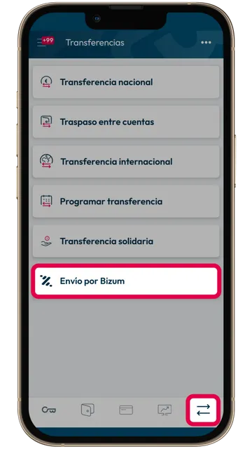 Captura de pantalla en Openbank seleccionando la sección de Bizum