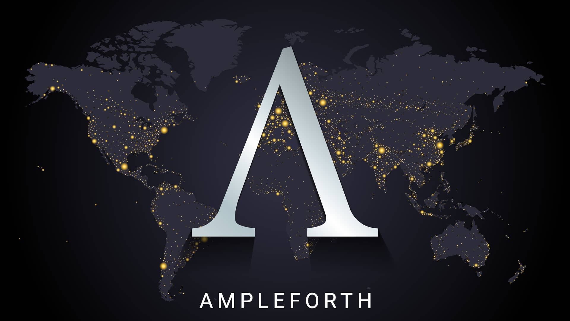logotipo de las criptomonedas ampleforth governance token sobre un mapa del mundo oscuro iluminado por las luces nocturnas