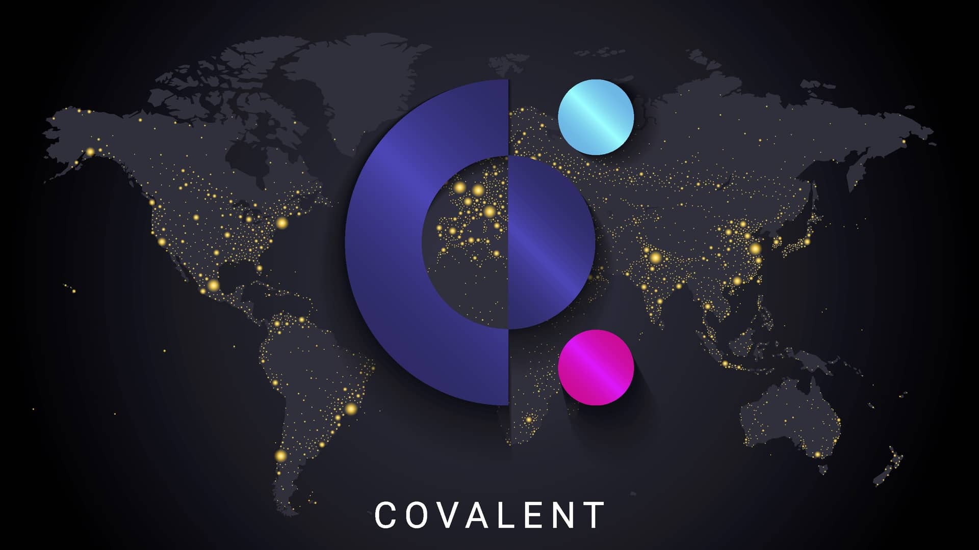 logotipo de las criptomonedas covalent sobre el mapa del mundo iluminado por la noche
