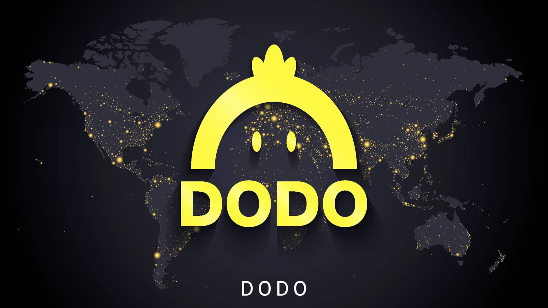 logotipo de la empresa de criptomonedas dodo sobre el mapa del mundo por la noche iluminado con lucecitas