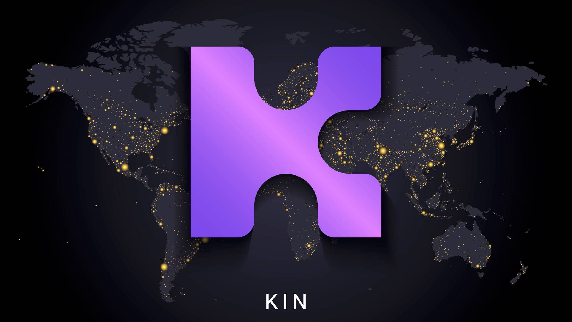 logotipo de la empresa de criptomonedas kin sobre el mapa del mundo por la noche iluminado con lucecitas