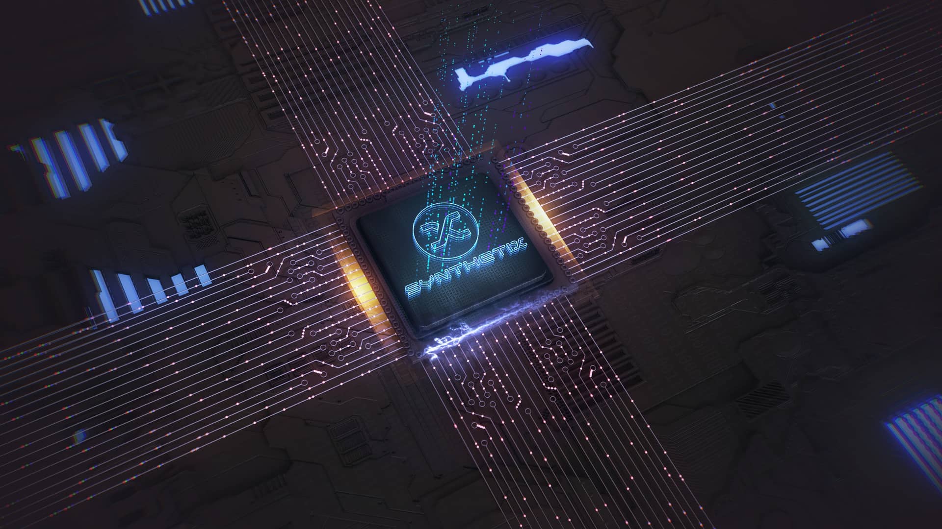 logo de synthetix hecho con luces sobre una simulacion de la tecnologia interior de un dispositivo electronico